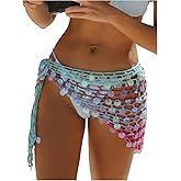 OYOANGLE Women's Sequins Crochet Bohemian Bikini Cover Up Hollow Out Ombre Wrap Sparkly Beach Skirt