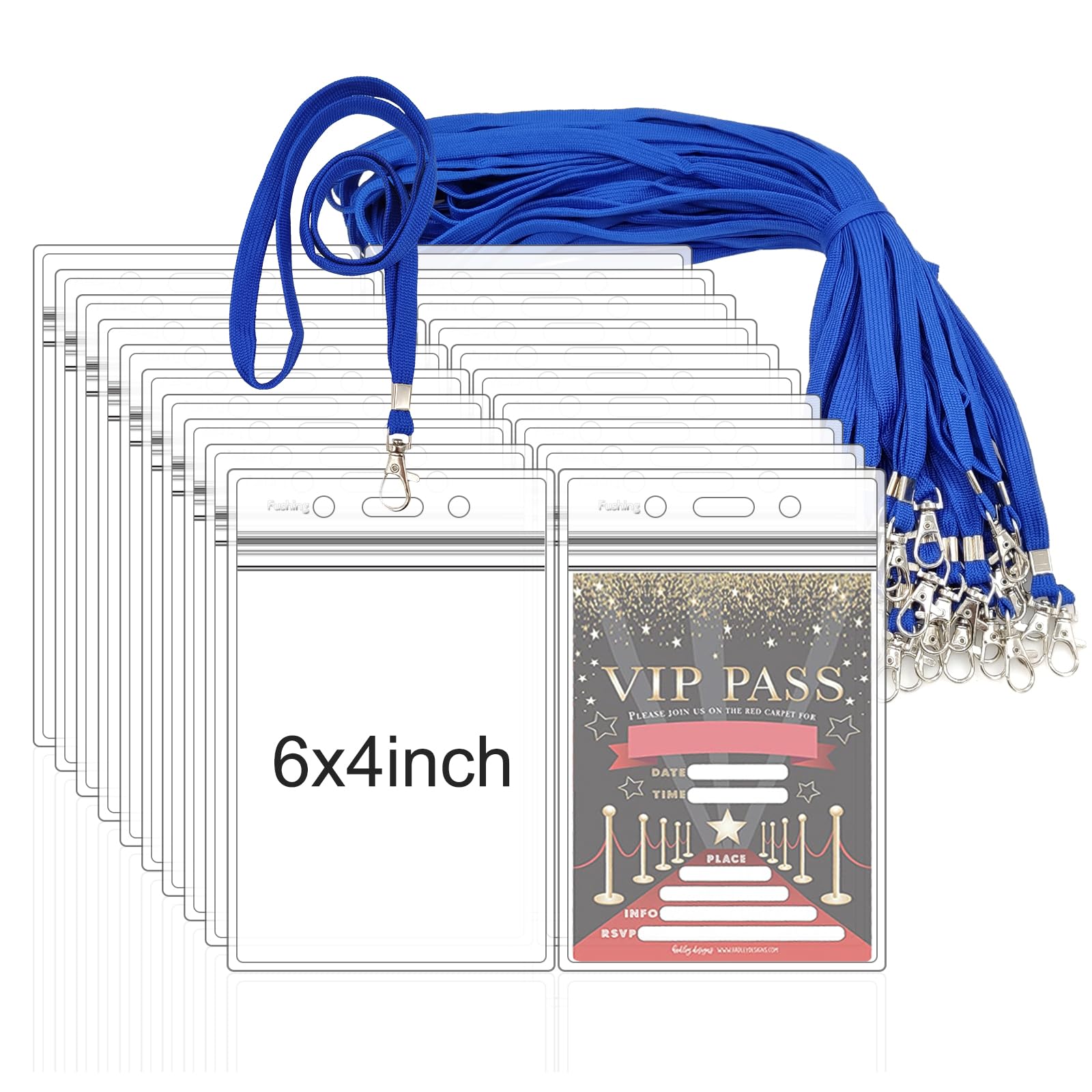 Fushing 50pcs Clear Plastic Vertical Name Tags Badge ID Card Holders and 50pcs Blue Neck Lanyards with Swivel Hook for School, Festival, Event (XXL)