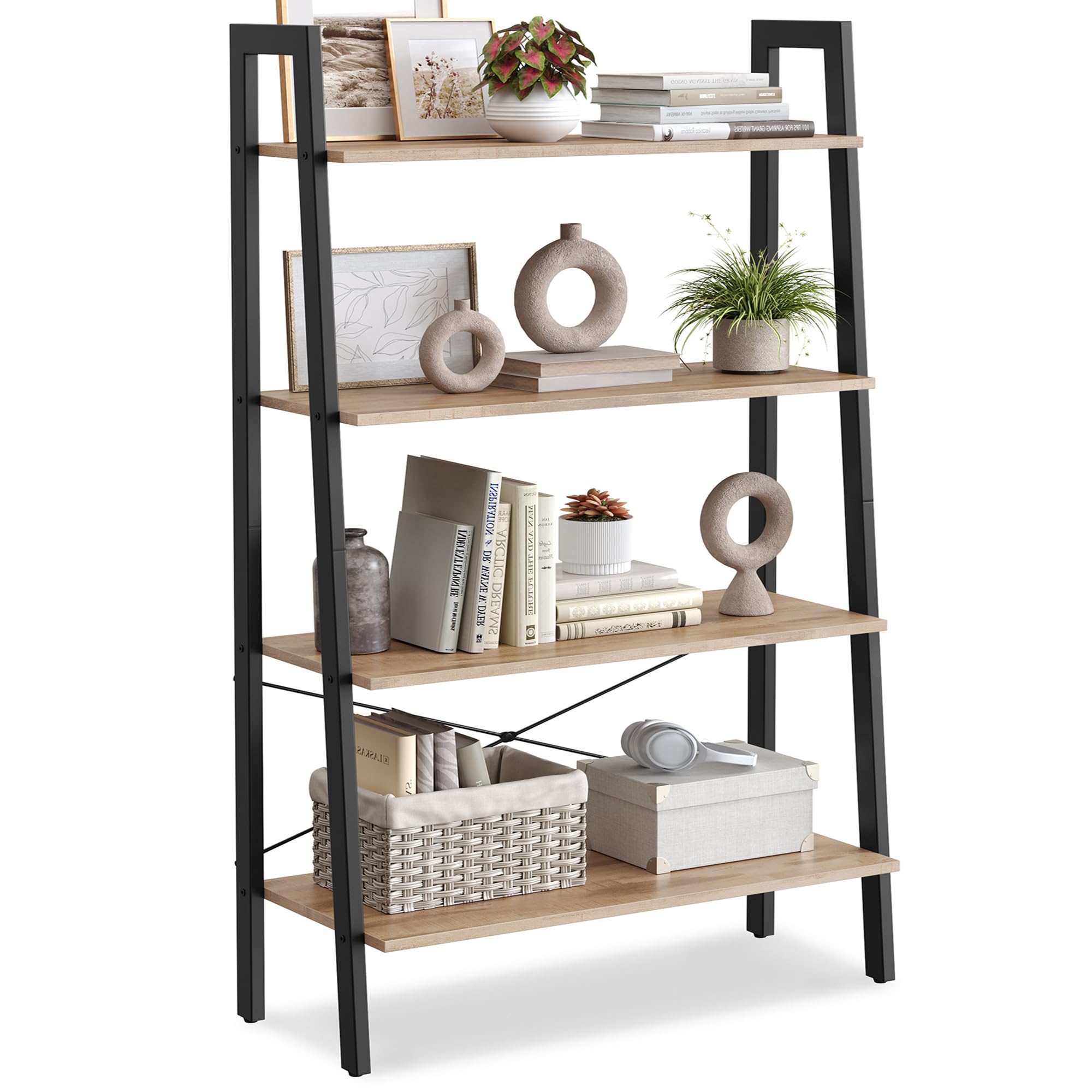 VASAGLE Ladder Shelf, 4-Tier Bookshelf, Storage Rack, Bookcase with Steel Frame, for Living Room, Home Office, Kitchen, Bedroom, Industrial Style, Camel Brown and Ink Black ULLS144B50 Image