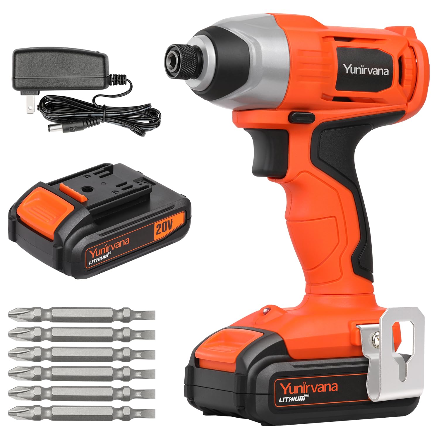 Rechargeable Impact Driver 20V, Yunirvana Variable Speed (0-2800RPM) Cordless Impact Driver with 6Pcs Screwdriver bits,1.3Ah Battery and Charger，Suitable for Tightening Screws