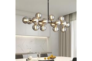 CROSSIO 16 Lights Mid Century Modern Chandelier Black Linear Chandelier Light Fixtures Glass Globe Sputnik Pendant Light for Dining Room Kitchen Island (Smoke Gray Lampshade)