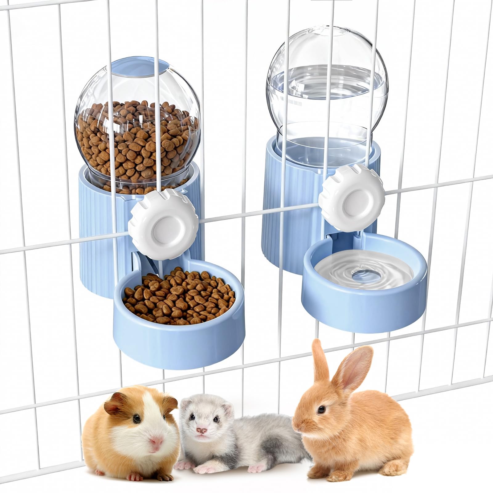 Photo 1 of 38oz Hanging Automatic Food Water Dispenser, Large Capacity Gravity Rabbit Water Dispenser and Feeder Set, for Bunny Guinea Pig Chinchilla Ferret Cage Accessories (Blue)