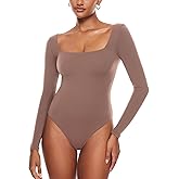 INLYRIC Women's Natrelax Square Neck Long Sleeve Bodysuit Sexy Backless Double Lined Basic Tops Boodysuits
