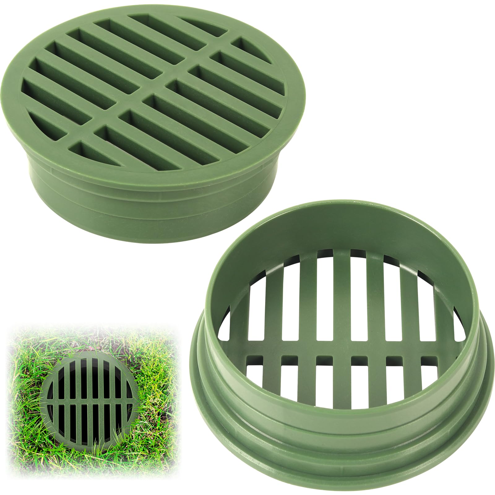 Photo 1 of (2-Pack) Calvana 4” Plastic Round Drainage Grate Cover, Fits 4” Pipes, Prevents Debris, Ideal for Lawns, Patios, and Walkways, Durable UV-Resistant Plastic, Easy Installation, Green