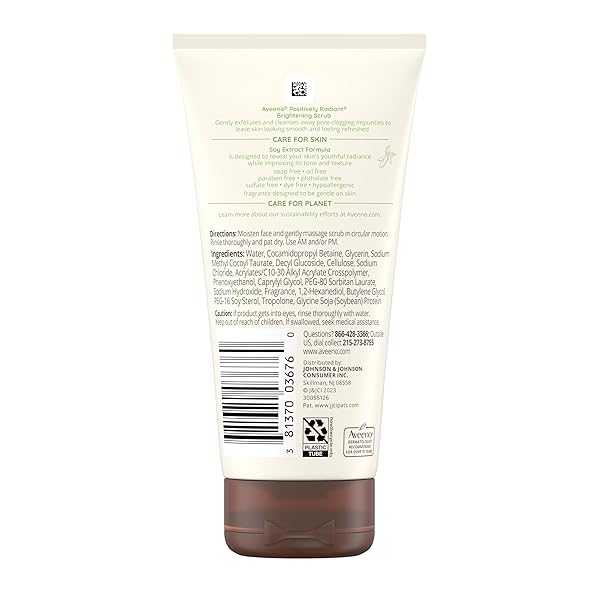 AVEENO POSITIVELY RADIANT SKIN BRIGHTENING EXFOLIATING DAILY FACIAL SCRUB, GENTLE WITH MOISTURE-RICH SOY EXTRACT, HELPS IMPROVE SKIN TONE & TEXTURE, OIL- & SOAP-FREE, HYPOALLERGENIC, 5 OZ