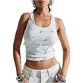 OYOANGLE Women's Ribbed Tank Top Raindrop Decor Scoop Neck Racerback Sleeveless Fitted Crop Tops