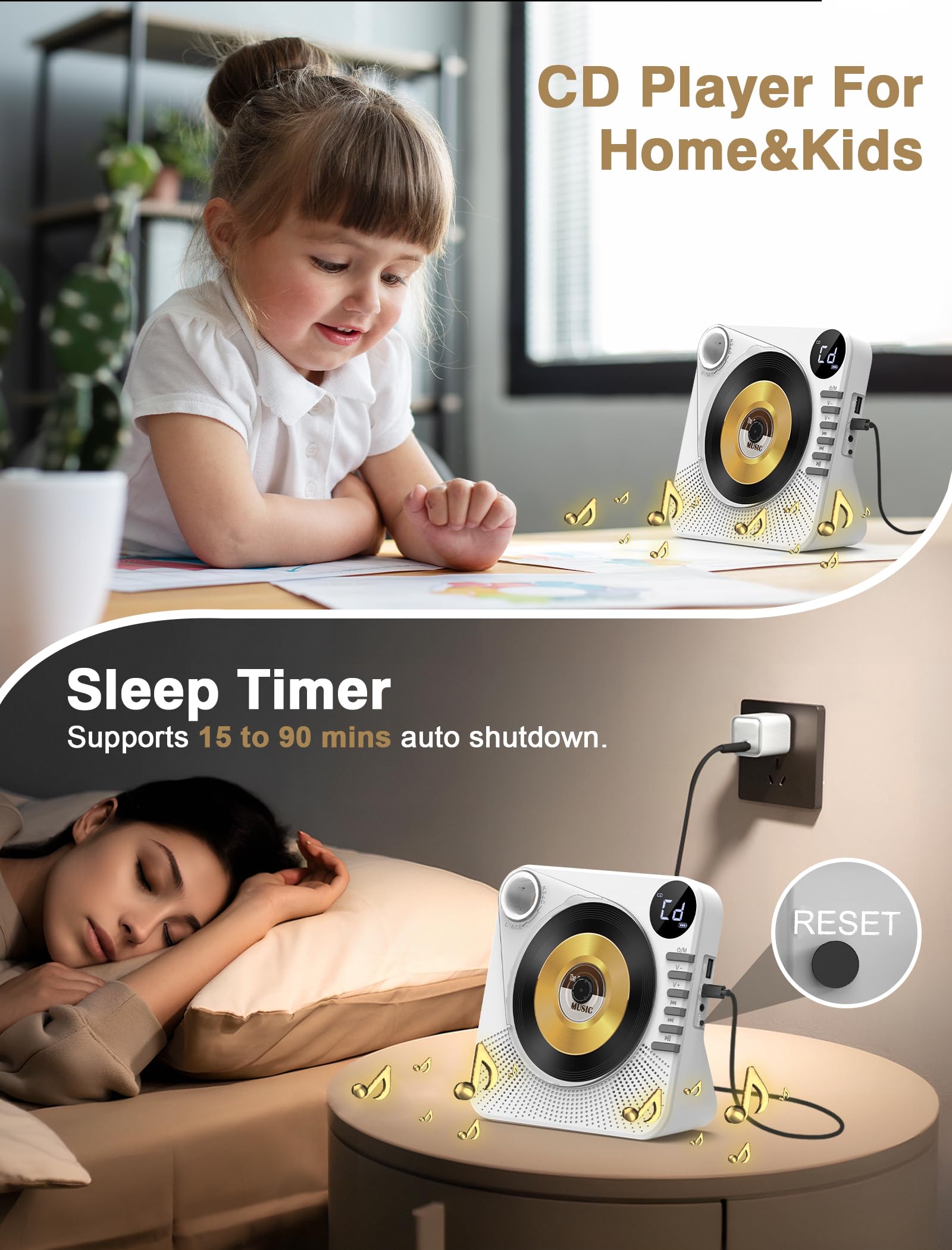 Desktop CD Player Bluetooth with HiFi Dual Speaker, CD Player for Home with Remote Control,Dust Cover,LCD Display,Sleep Timer,EQ Sound,USB/AUX/3.5mm Earphone Jack for Home,Kids,Gift