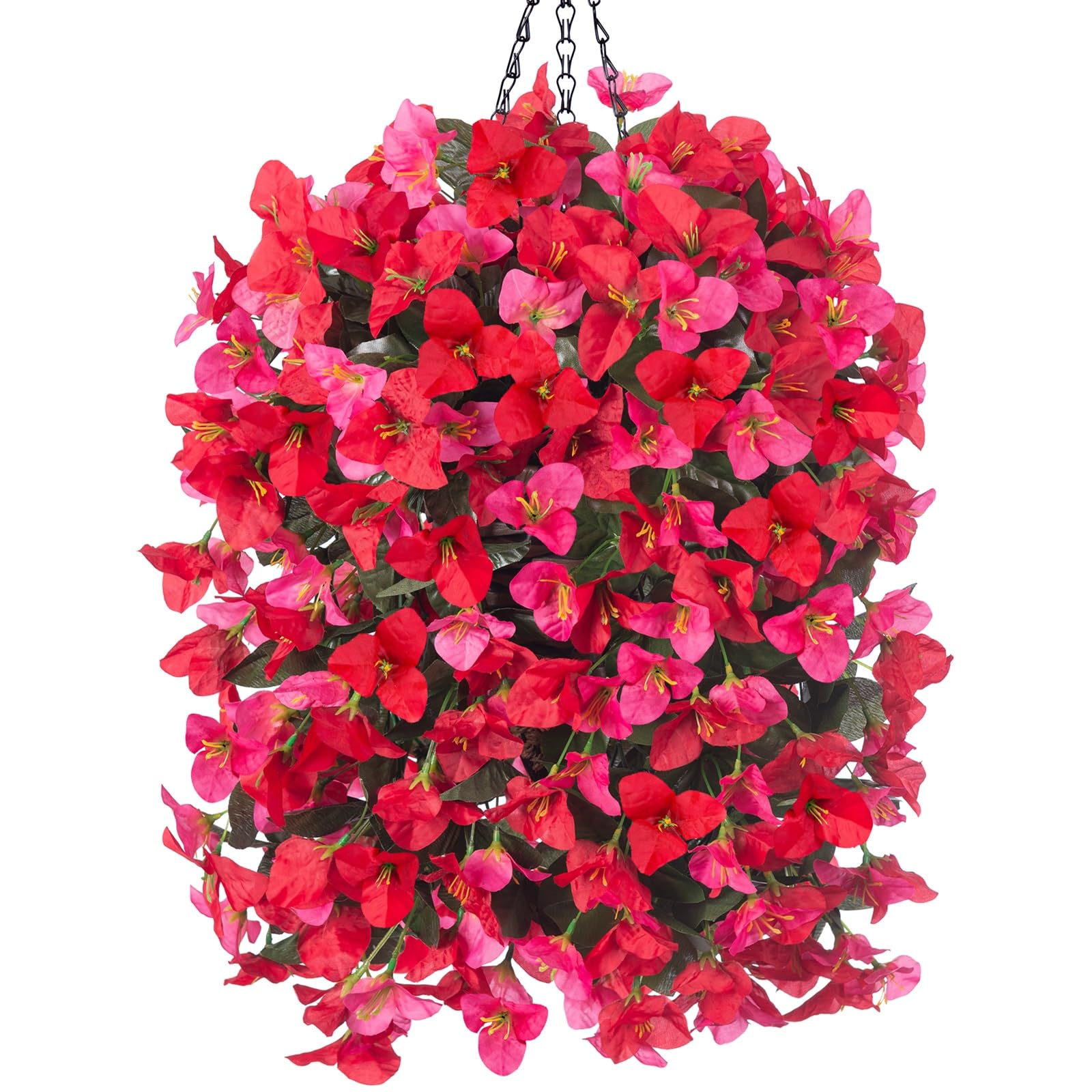 Photo 1 of Artificial Bougainvillea Faux Flowers Plants Baskets for Outdoor Outside Decoration, 3 PCS Fake Silk Flowers Long Trailing Vines UV Resistant Realistic for Front Door Porch Patio Balcony, Red Hot Pink