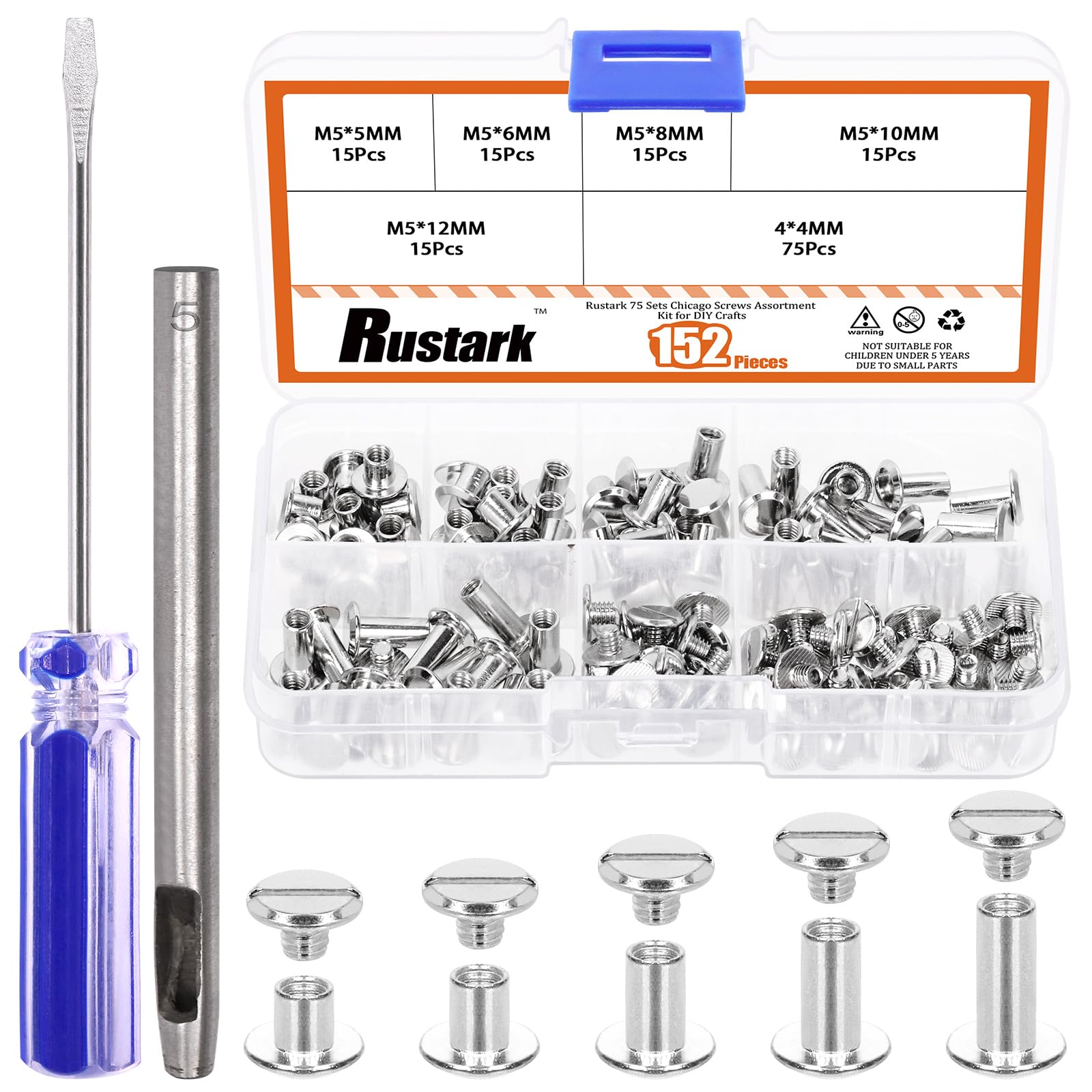 Rustark 75 Sets 5 Sizes M5 Silver Chicago Screws Assorted Kit with Setting Tools Kit, Round Flat Head Chicago Rivets Chicago Bolts Chicago Metal Screws Studs for DIY Leather Craft Bookbinding