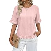 EVALESS Womens T Shirts Cute Ruffle Short Sleeve Crewneck Casual Linen Tops 2026 Summer Fashion Clothes