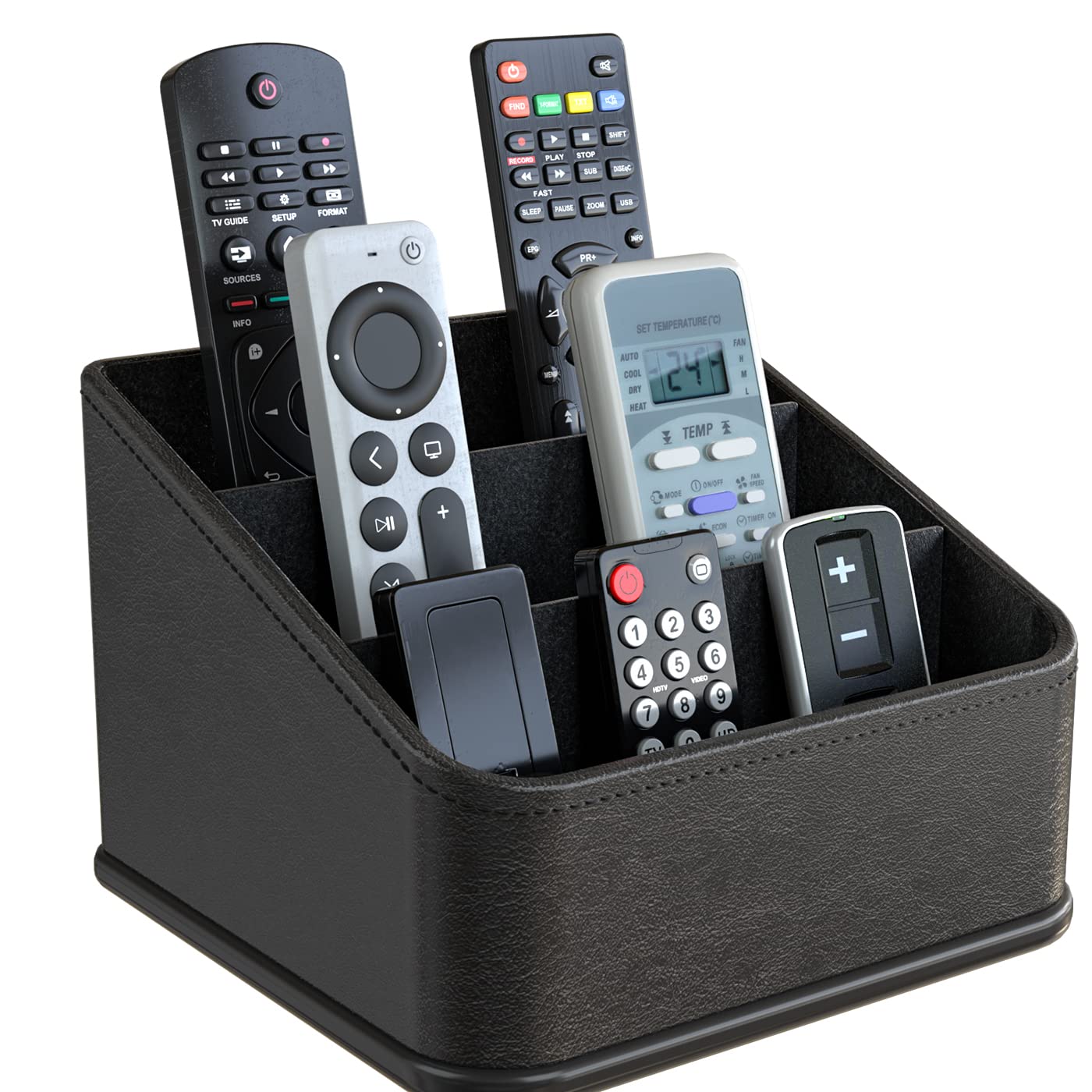 JackCubeDesign Remote Control Holder with 3 Compartments, PU Leather Remote Caddie Desktop Organiser for TV, DVD, Blu-Ray, Media Player, Heater Controllers (Black) - MK122B