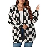 WDIRARA Women's Plus Size Plaid Checkered Cardigan Sweater Open Front Long Sleeve Knit Outerwear