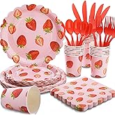 175Pcs Strawberry Plates and Napkins Party Supplies, Disposable Strawberry Paper Plates for Kids Girls Berry First Birthday Party Decorations, Serves 25 Guests