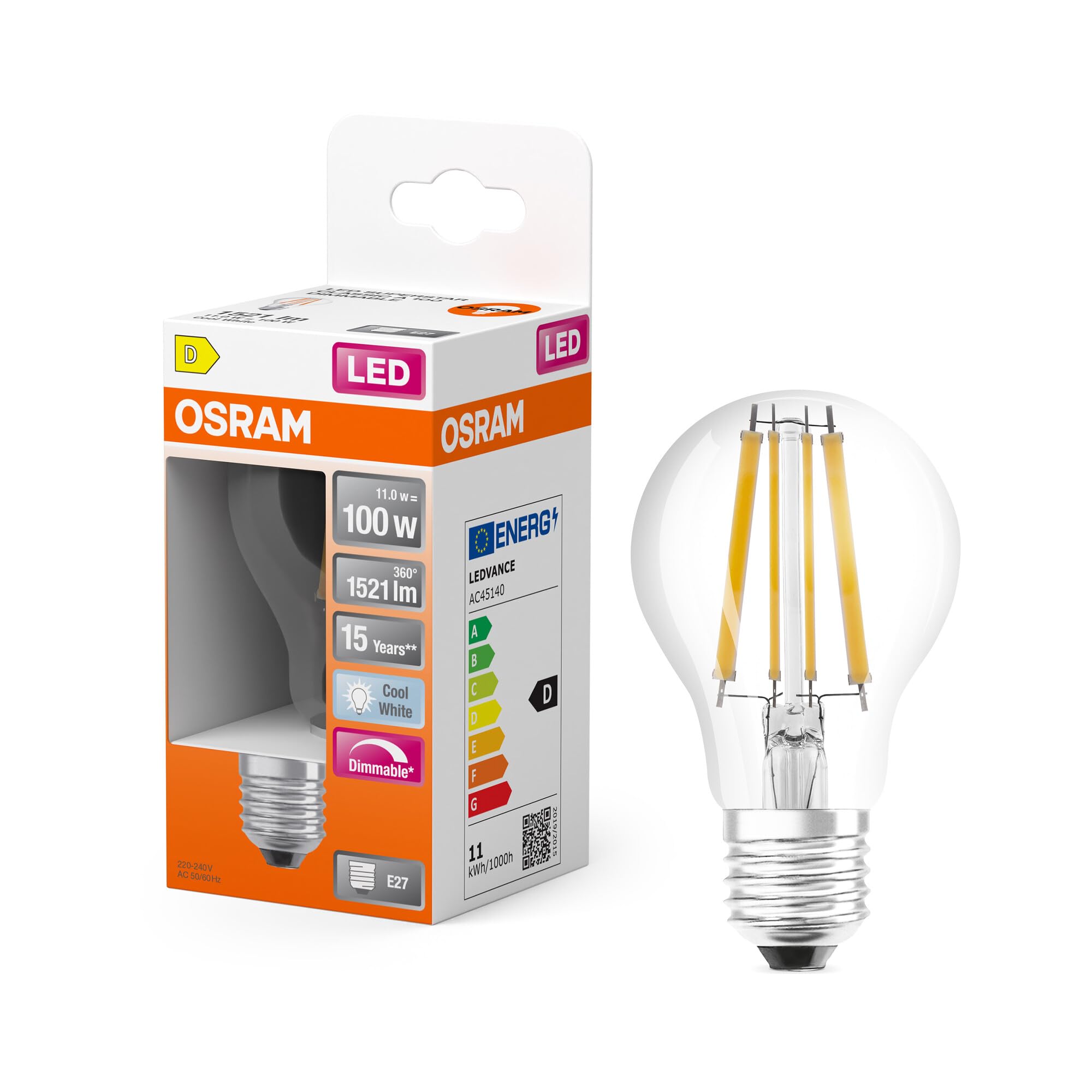 Osram LED Lamp | Base: E27 | Cool Daylight | 6500 K | 10 W | Replacement for 100 W | LED Retrofit Classic A, Single-Pack, Bulb 100 W-Replacement E27