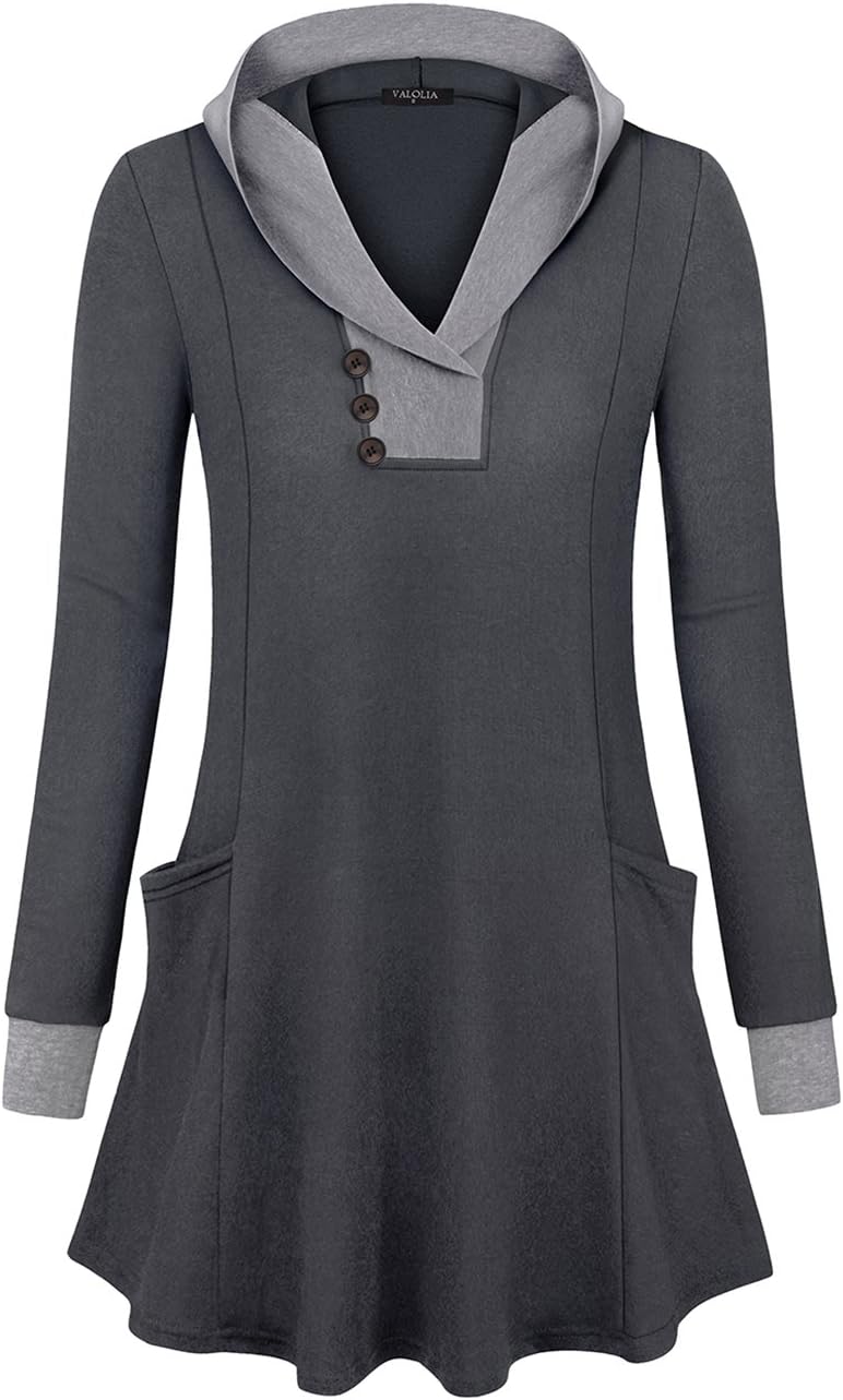 Women's Long Sleeve Button Lapel Pullover Tunic Swing Hood Sweatshirts with Pockets