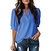 Dokotoo Womens Summer Business Casual Blouses V Neck Short Sleeve Shirts Hollow Out Cute Lace Tops