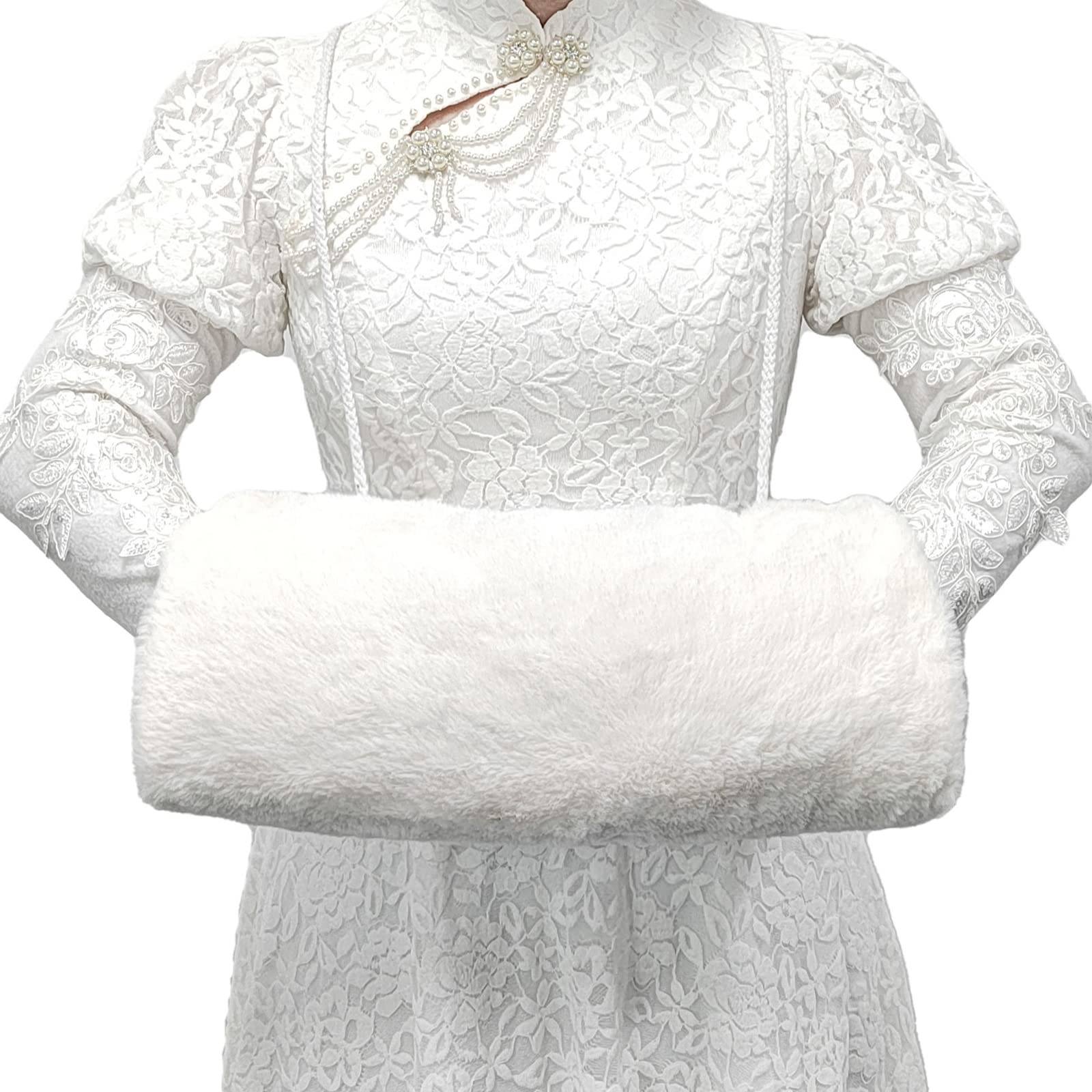 Handmuff, Faux Fur White Hand Muff of Strap Pocket Hand Warmer for Women 1pcs, with Transparent Hook 1pcs