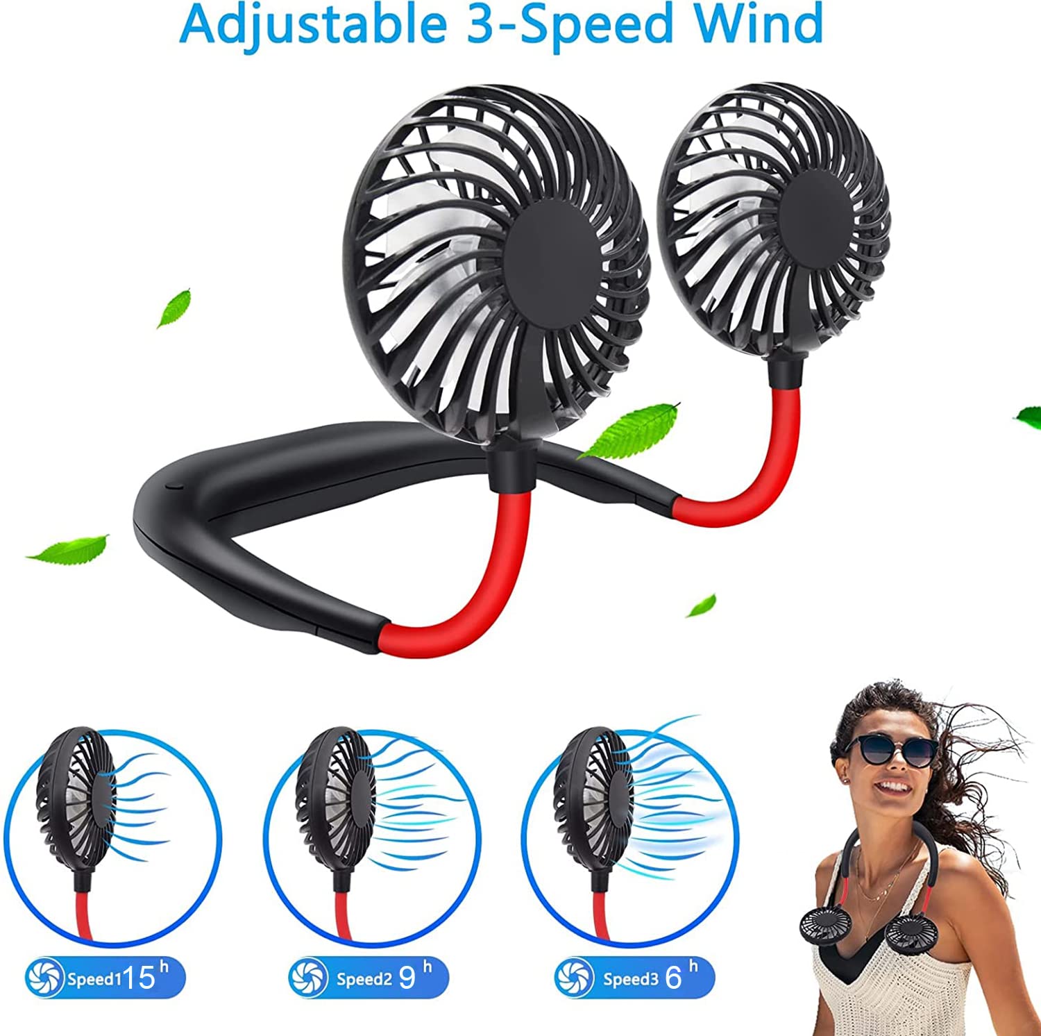 SZ-JIAHAIYU Portable Neck Fan Rechargeable USB Hands-Free Fan Personal 360° Double Headed Free Rotation 3 Speed Adjustable Wearable Face Mini Small Fan Perfect for Working, Office, Reading, Traveling
