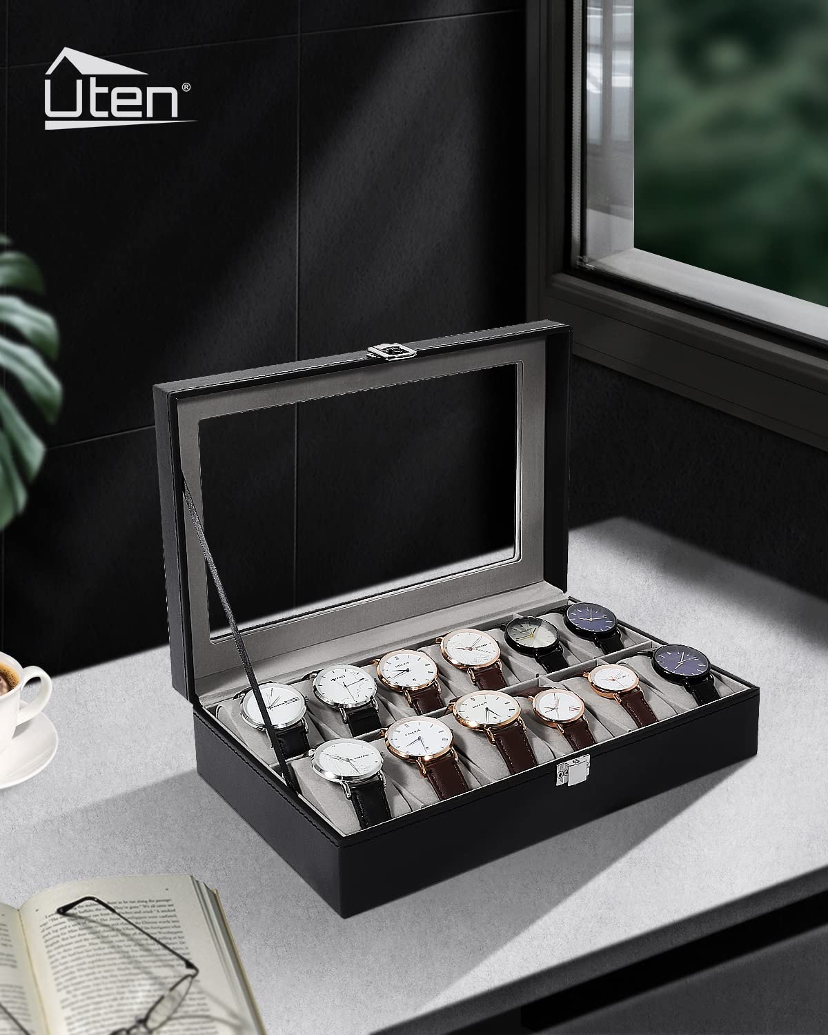 Uten Watch Box, 12 Slots Leather Watch Case, Watch Box Organizer Jewelry Storage with Large Glass Lid, Watch Display Case, Watch Box for Men & Women