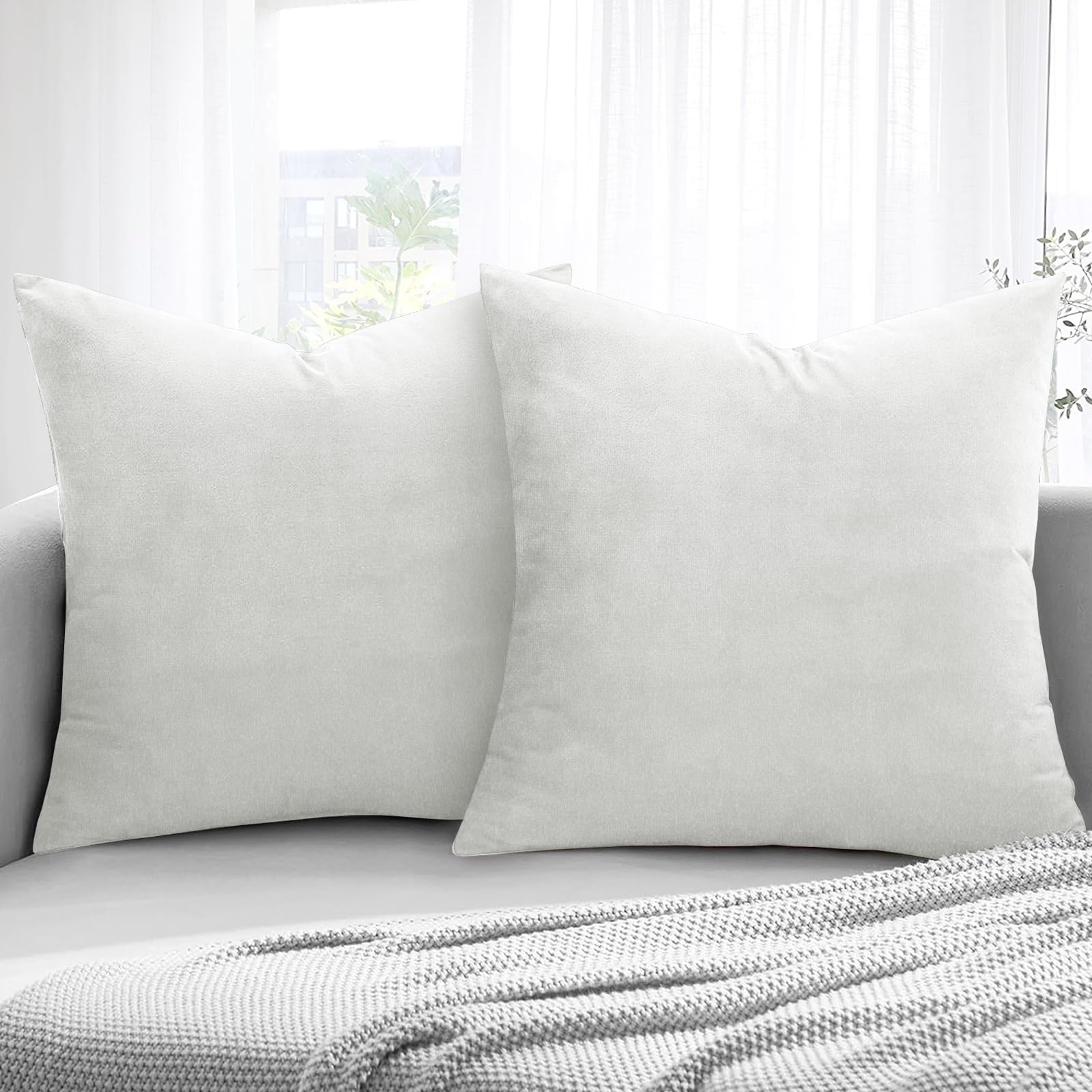 Aspire Homeware Velvet Cushion Covers 45 x 45cm Set of 2 White Decorative Square Throw Pillow Cases for Sofa Bedroom Living Room and Sofa