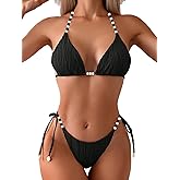 BYINDED Women's Ribbed Two Piece Tie Triangle Pearl Beads Shoulder Strap String Bikini Set Bathing Swimsuits