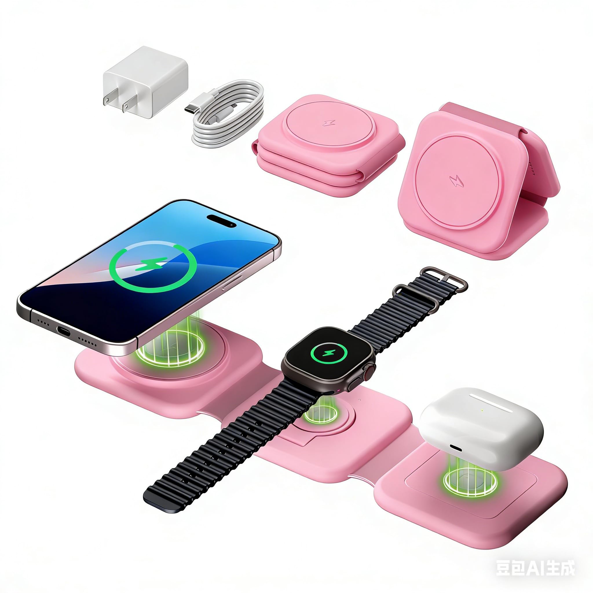 Travel Charger for Multiple Devices: 3 in 1 Foldable Magnetic Portable Charger for Magsafe iPhone 17 17e 16 15 14 13 12 Pro Max Plus for Apple Watch & AirPods Valentines Day Gifts, Pink