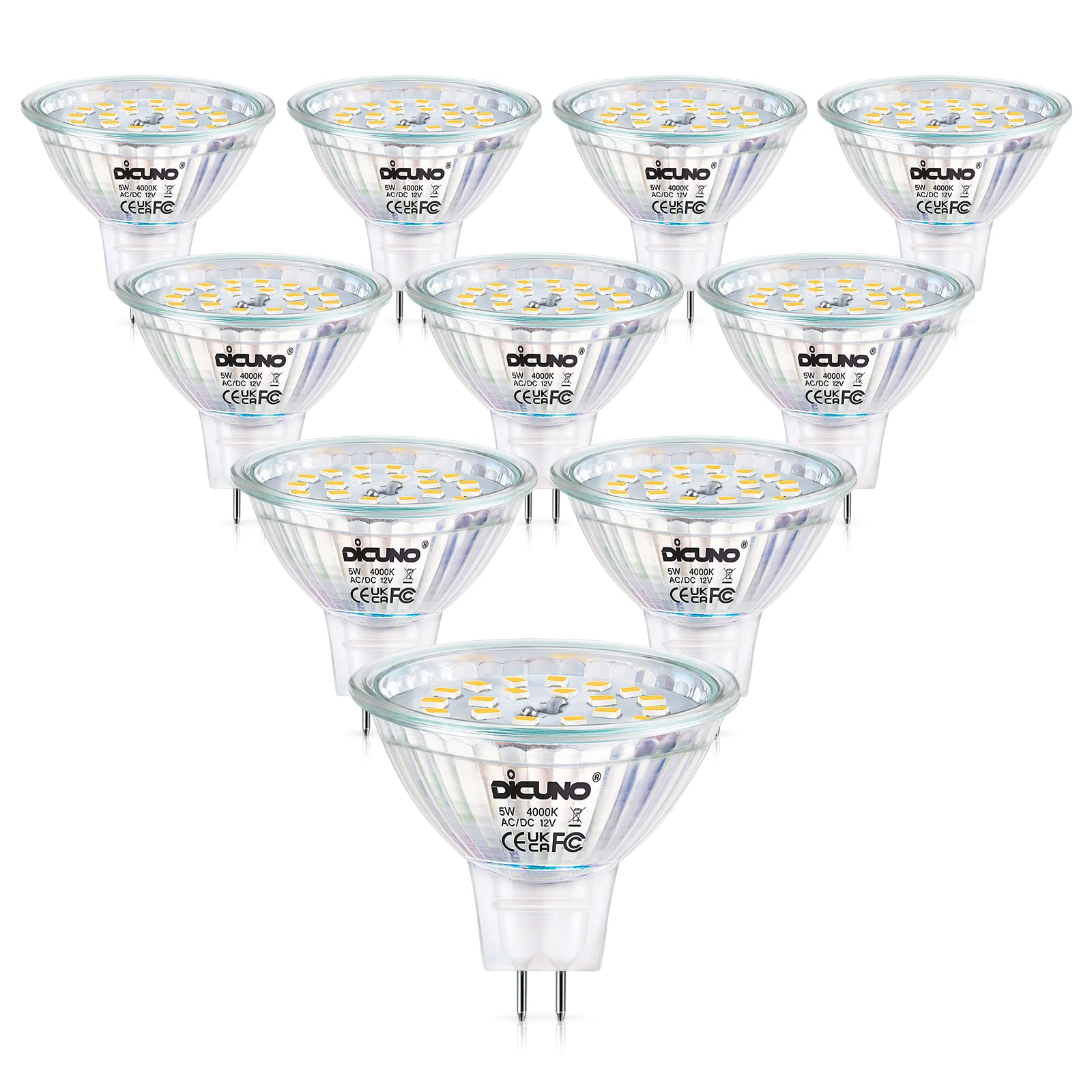 DiCUNO MR16 LED Light Bulbs, GU5.3 Spotlight Bulb Dimmable, 12V DC 5W Equivalent to 50W Halogen, Natural White 4000K, 500LM, 120° Beam Angle Bi-Pin Base Track Light, 10 Packs