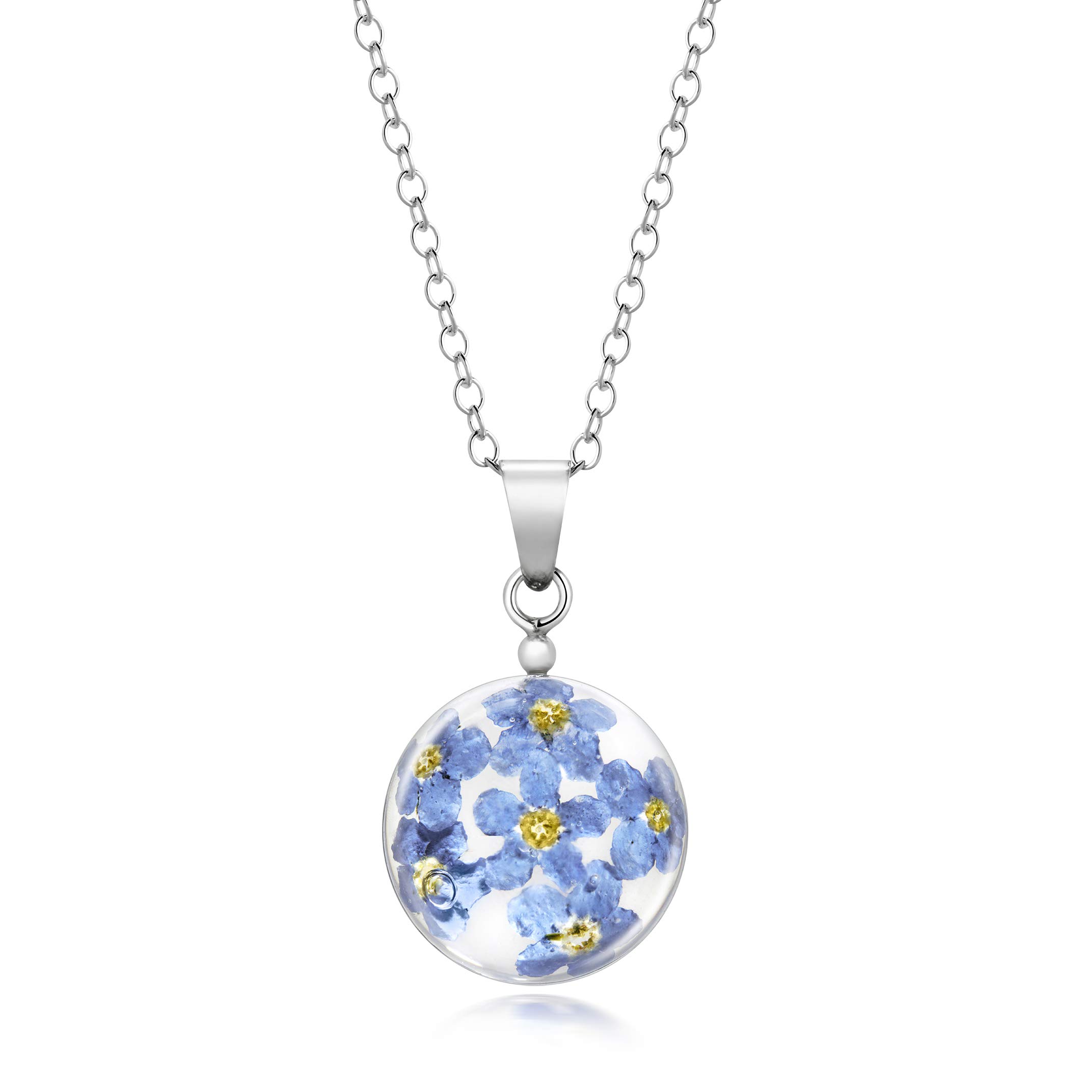 Natural Flower Jewellery Round/Spherical Pendant Made with Real Forget Me Nots Set in Resin, with Sterling Silver Fittings and Chain.