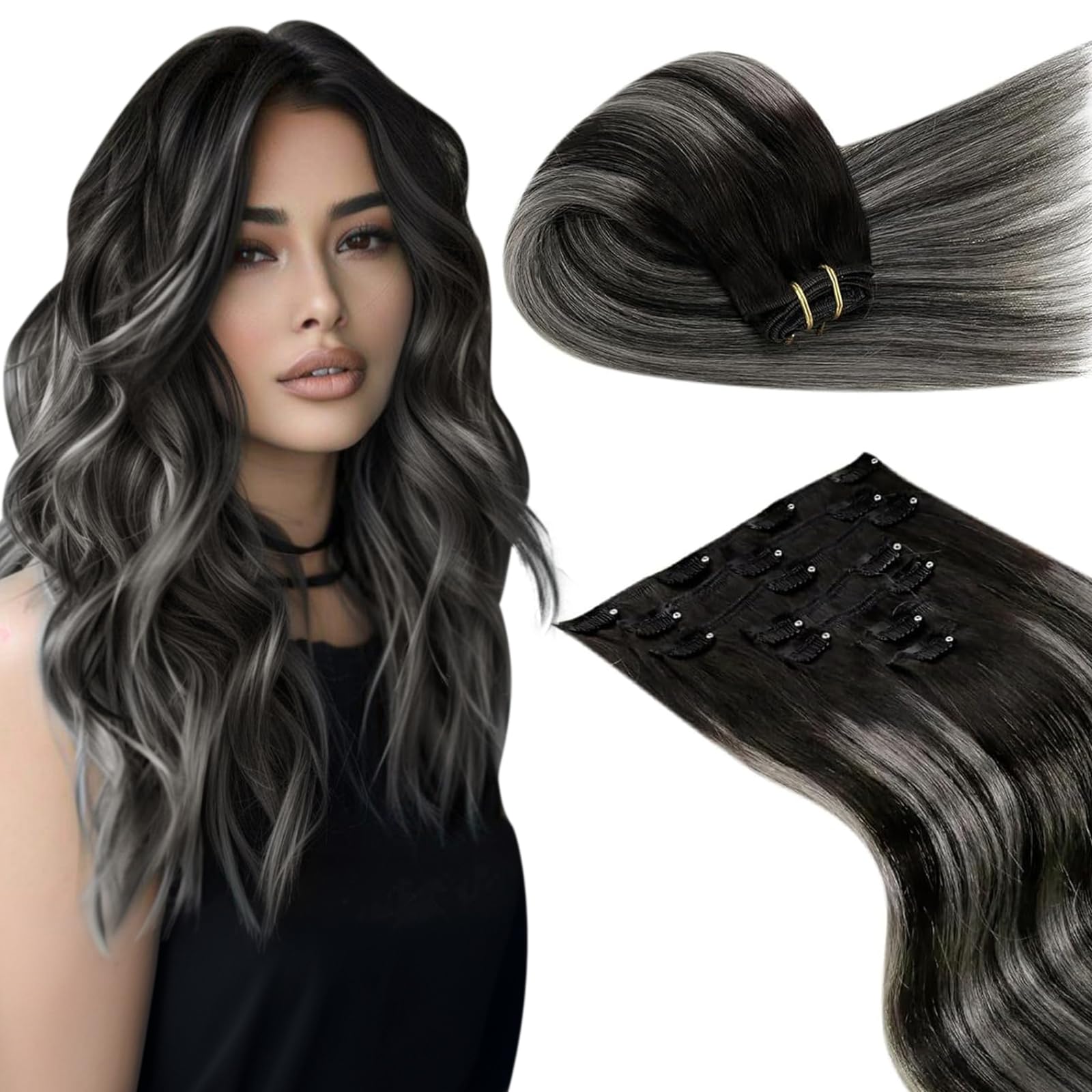 LaaVoo Clip in Hair Extensions Real Human Hair Black Hair Extensions Clip in 22 Inch 120g 7pcs Full Head Straight Balayage Natural Black & Silver Remy Hair Double Weft #1b/s/1b โ image 1