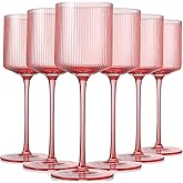 Vintacicle Pink Square Wine Glasses Set of 6, Elegant Ribbed Design Colored Crystal Glassware with Long Stem, 11.5oz Hand Blown Stemware For Red & White Wine Home Bar Party