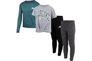 New Balance Active Girls Legging Set - 4 Piece Athletic Short Sleeve Shirt, Long Sleeve Shirt & Activewear Girls Leggings Set