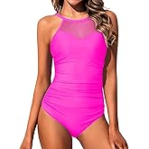 Daci Tummy Control One Piece Swimsuits - Women High Neck Mesh Bathing Suit Swimwear
