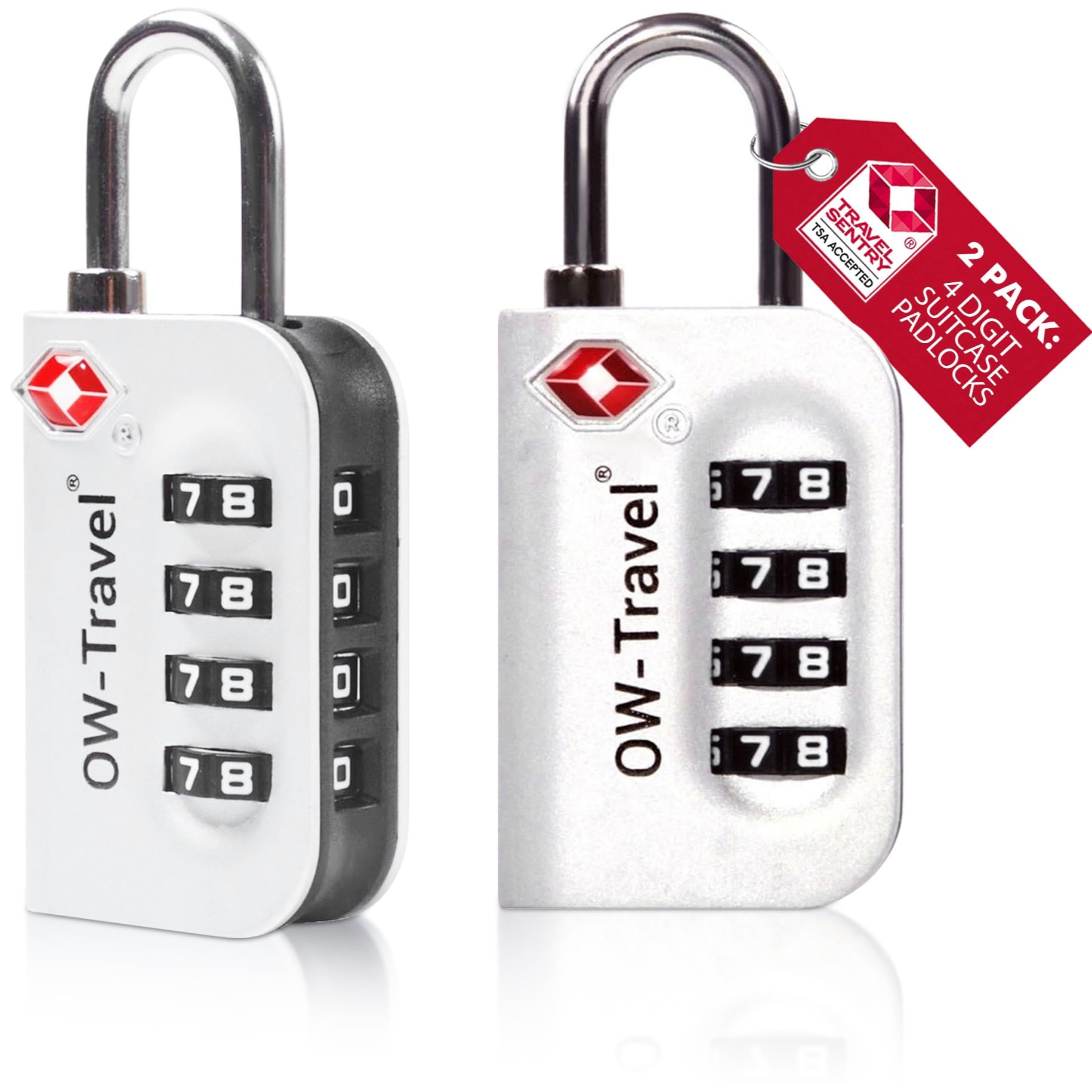 OW-Travel TSA Approved Luggage Locks Suitcase Locks (2 Pack Silver) 4 Digit Security Suitcase Padlock. Travel Bag Combination Luggage Padlocks for Suitcases. TSA Travel Lock for Bags and Cases