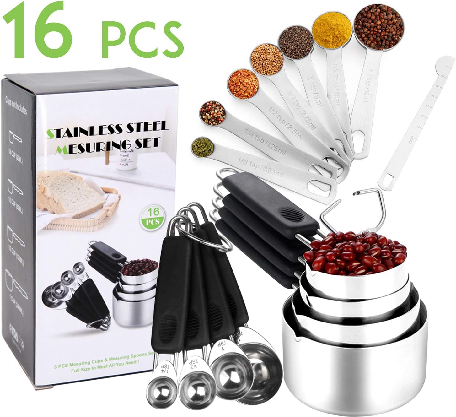 16PCS/304+TPR Stainless Steel Measuring Cups And Spoons Set，Stackable Measuring Cups, Baking Measuring Cups, Food Measuring Cups, Metal Measurings Cup, Cup Measure Set, Kitchen Measuring Cups