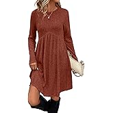 OFEEFAN Long Sleeve Dress for Women Crew Neck Empire Waist Tunic Dress with Pockets