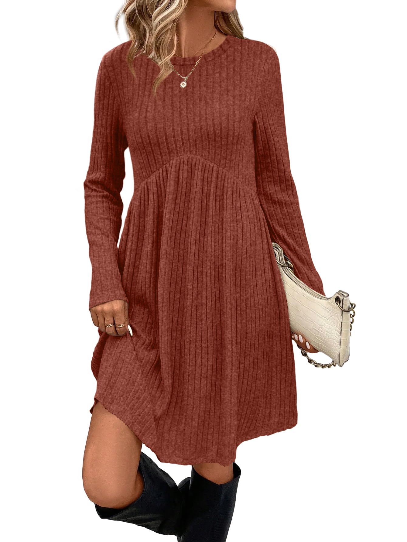 OFEEFAN Long Sleeve Dress for Women Crew Neck Empire Waist Tunic Dress with Pockets