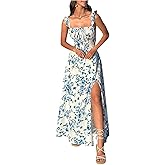 WDIRARA Women's Floral Print Ruched Square Neck Maxi Dress Tie Back High Slit Flared Dresses