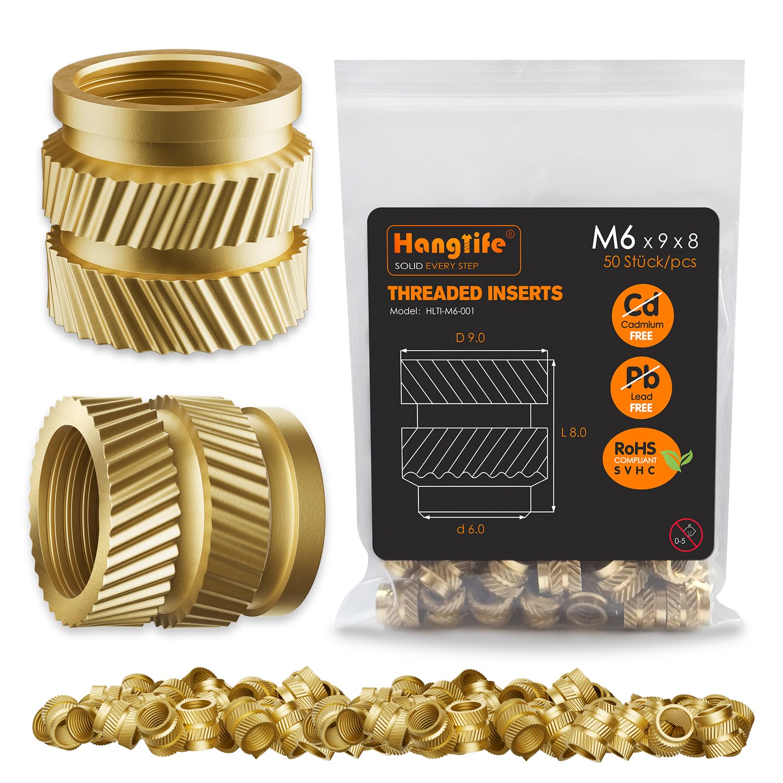 HANGLIFE Threaded Inserts for Plastic, M6 Heat Set Insert for 3D Printing Components and Plastic Parts - Brass Metric Knurled Nuts (50 Pieces)