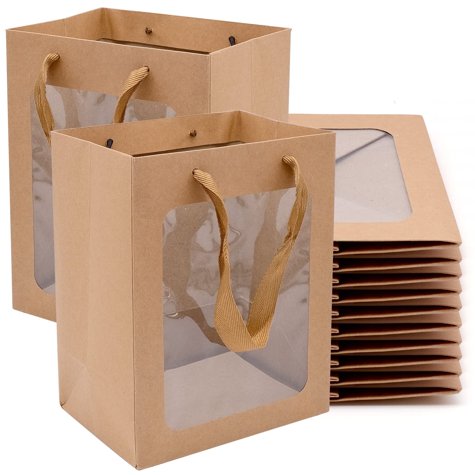 Cisolen 10 pieces paper bags gift bags Brown Kraft Paper Gift Bags with Window Present Bags Packing Bag For Birthday Wedding Party Package Banquet Gifts Candy Biscuits
