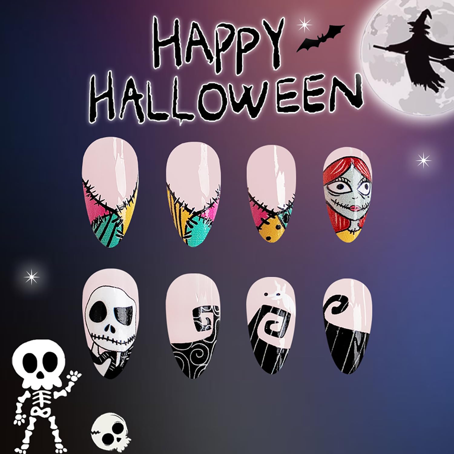 24 Pcs Halloween Press on Nails Short Almond Fake Nails Nightmare Before Christmas Acrylic Nails with Black White Skull Designs Glossy False Nails Stick on Nails for Women Girls - Image 3