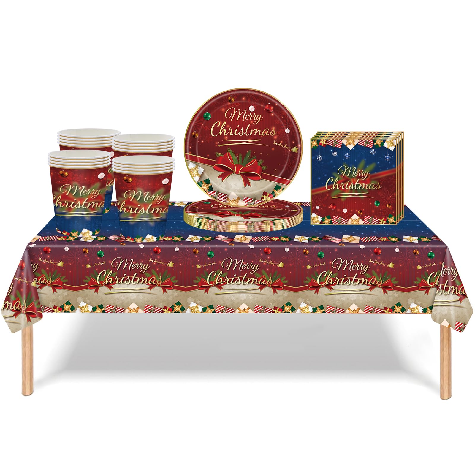 53Pcs Red Bow Classic Christmas Tableware Decorations,Merry Christmas Plastic Table Cloth,Paper Cups Napkins Plates Bow Gifts Table Cover Dinnerware for Xmas Party Supplies