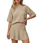 Saodimallsu Womens Sweater Sets 2 Piece Outfits Summer Half Sleeve Ribbed Knit Top and Pleated Skirt Set Lounge Set
