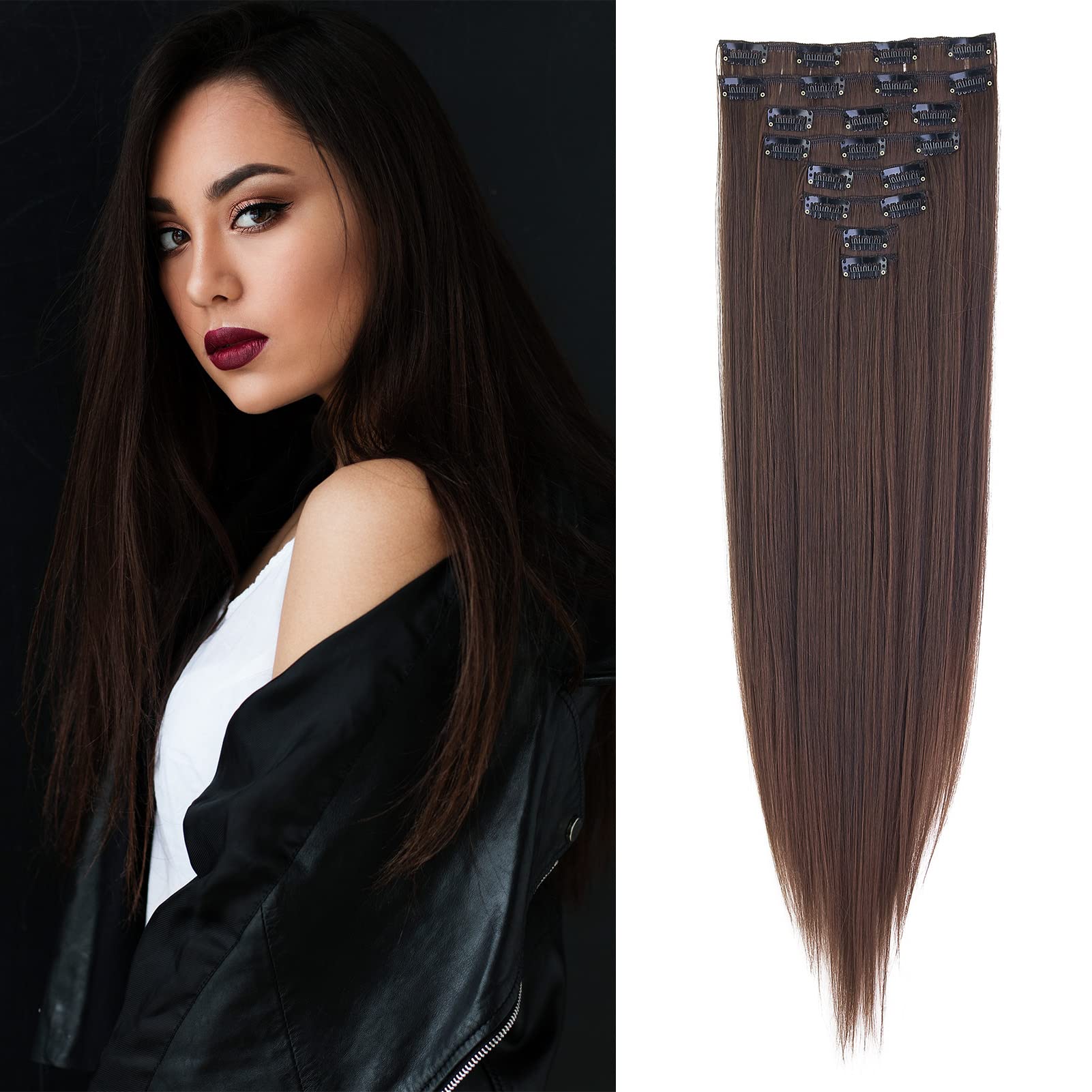 Gairyan 24inch Straight Clip in Hair Extensions Long Full Head Hair Extension 8PCS Synthetic Hairpiece Highlight Natural Look for Women (Dark Brown & Dark Auburn) โ image 1