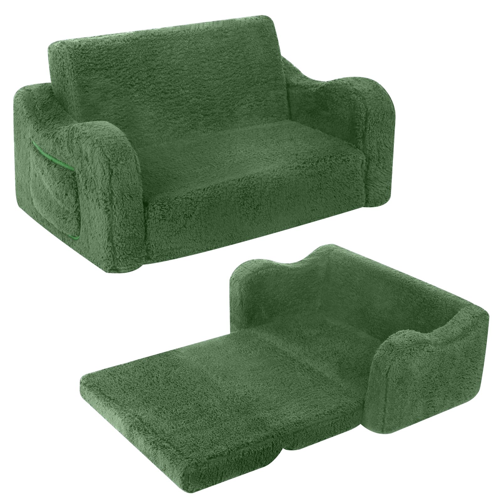 MOMCAYWEX Kids Sofa, 2-in-1 Flip-Out Foam Couch, Soft Play Lounge Chair for Toddlers and Children, Extra Wide, Green