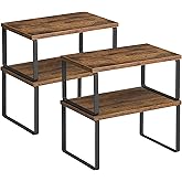SONGMICS Cabinet Organizer Shelf, Set of 4 Kitchen Counter Shelves, Kitchen Storage, Spice Rack, Stackable, Expandable, Metal and Engineered Wood, Ink Black and Rustic Brown UKCS021X01
