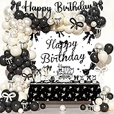 Party Inspo Black Bow Birthday Decorations – 110 PCs Black Bow Themed Party Supplies with Backdrop, Tablecloth, Cake Topper, Banner, Cupcake Toppers, Ribbons, Balloon Garland