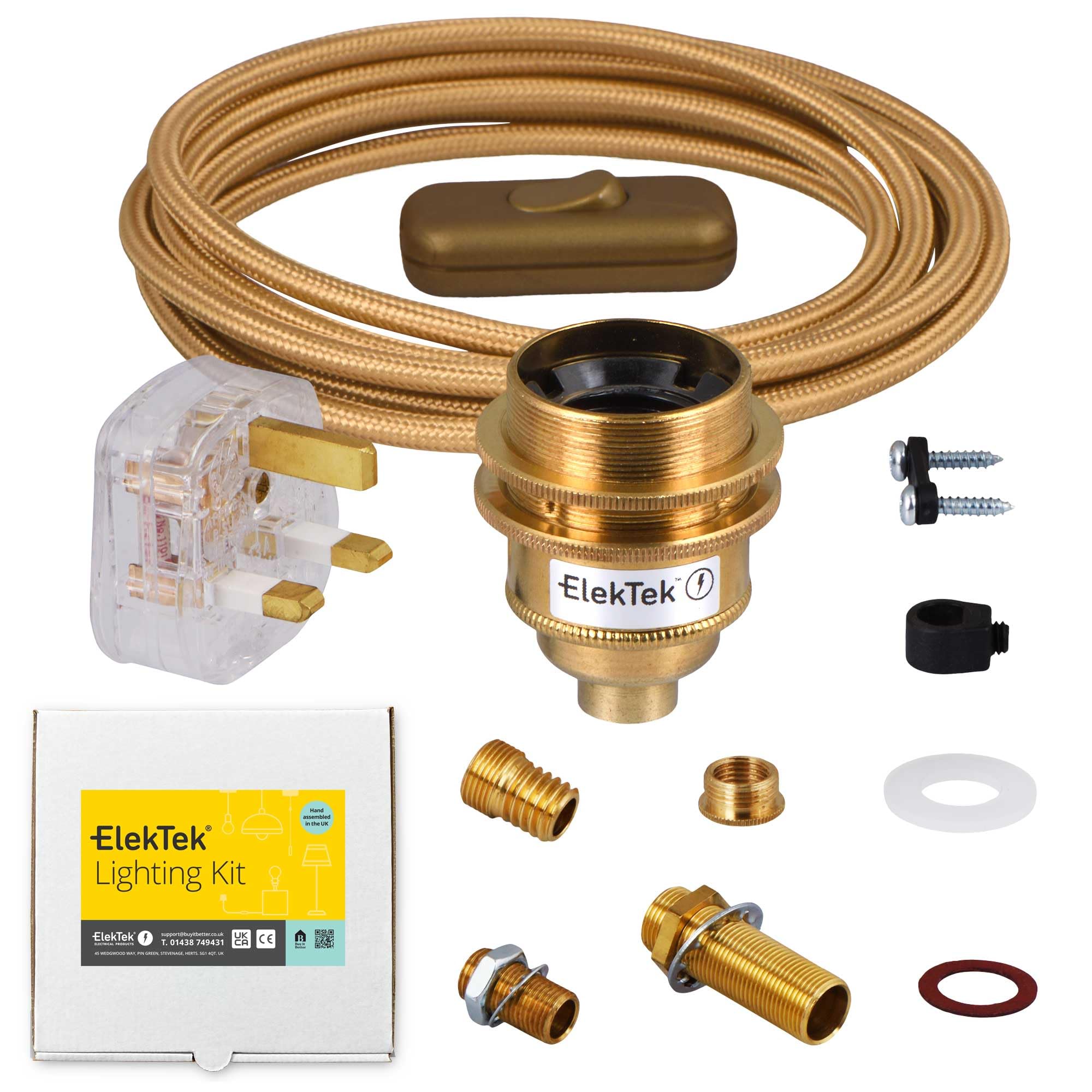 ElekTek UK E27 Brass Shade Ring Edison Lamp Refurbishment Fixing Kit, Gold Round Braided Fabric 3-Core Lighting Flex Cable, Inline Rocker Switch, Extensive Fittings Pack, 13A Plug (3A Fuse)