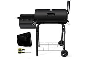 Charcoal Grill with Smoker, Leonyo Outdoor Charcoal Grill with Offset Smoker, Barbecue Outdoor Camping Charcoal Grills & Smokers with Grill Cover, Barrel BBQ Grill for Backyard Party Cooking, Black