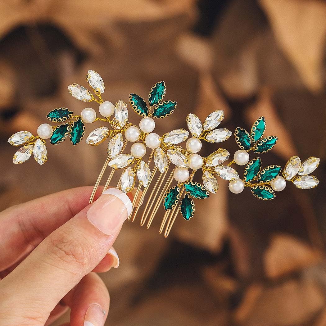 IYOU Crystal Wedding Hair Comb Green Rhinestone Bride Hair Pieces Prom Bridesmaid Bridal Hair Accessories for Women