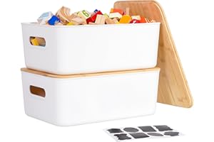 ITYLIFE CITYLIFE Citylife 2 PCS Storage Bins with Bamboo Lids Plastic Storage Containers for Organizing Stackable Storage Box with Handle, 15.12 x 10.67 x 5.98 inch